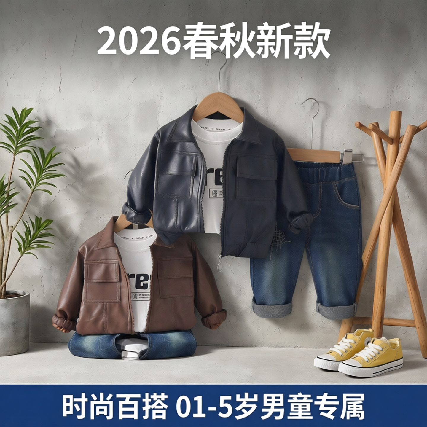 男童小孩衣服2026春秋款皮衣牛仔裤大口袋皮衣长袖三件套装01-5岁