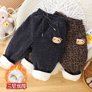 儿童卡通KT猫豹纹印花三层加厚裤子秋冬休闲裤女童冬季宝宝超厚