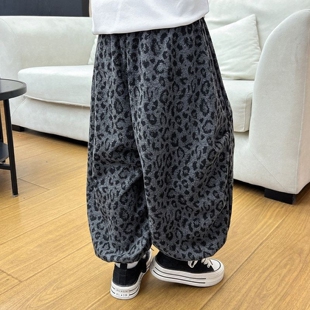 童裤 春秋新款 子高腰男童裤 洋气豹纹休闲弯刀裤 女 儿童休闲女童韩版