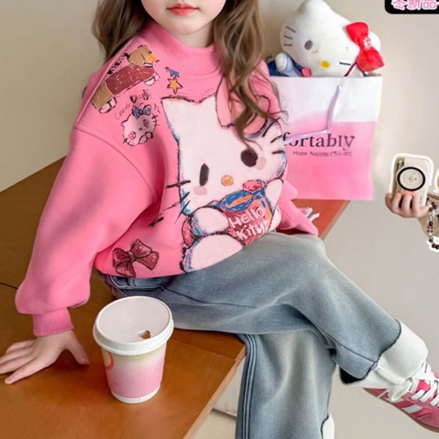 秋冬季男女新款儿童卡通印花加绒卫衣女童休闲加厚保暖冬装打底衫