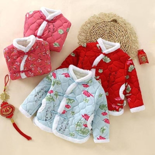 冬季加绒碎花棉袄儿童拜年服女童中国风盘扣棉服加厚外套宝宝棉衣