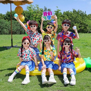 儿童啦啦队演出服幼儿园港风花衬衫复古短袖小学生运动会表演服装