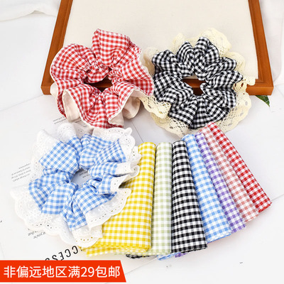 12厘米宽学院风格子布条蕾丝花边大肠发圈材料 手工diy头饰品配件