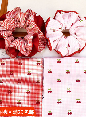 红色格子印樱桃布艺布条 手工大肠发圈diy布料发饰头饰品装饰材料