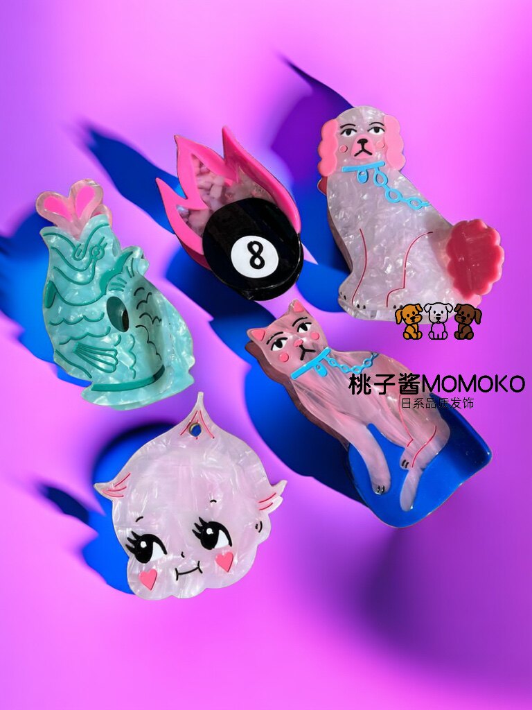 RTEP 手绘呆萌艺术系粉蓝色狗狗猫咪锦鲤火焰醋酸彩色抓夹鲨鱼夹