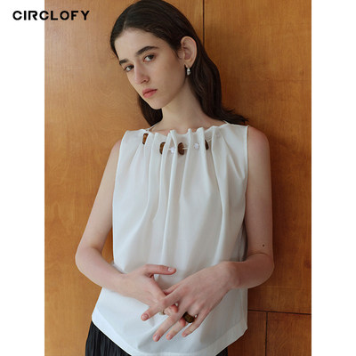 CIRCLOFY瑟夕 法式度假风时尚褶皱白色衬衫女百搭休闲无袖背心女