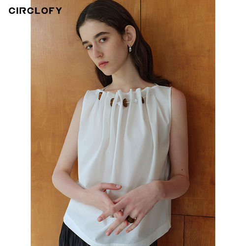 CIRCLOFY瑟夕 法式度假风时尚褶皱白色衬衫女百搭休闲无袖背心女