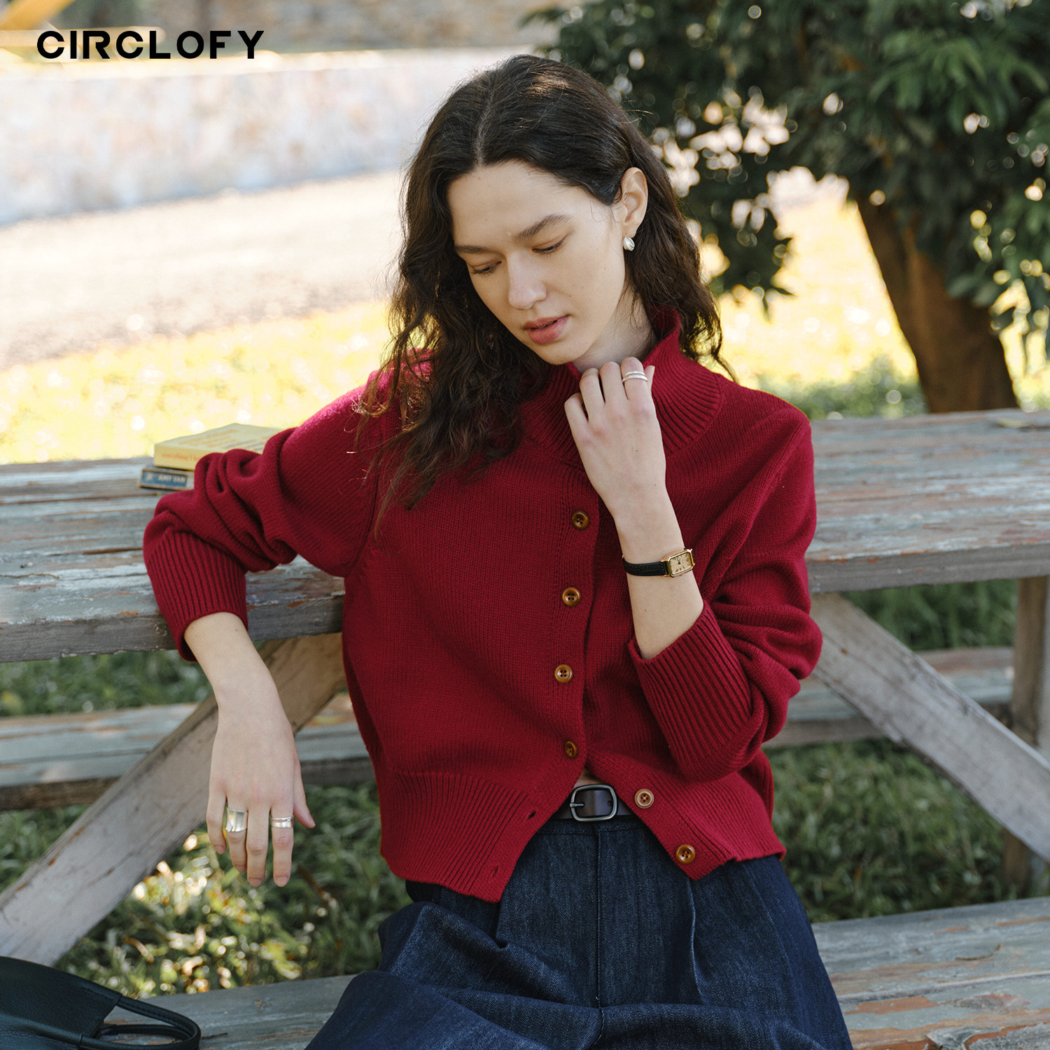 CIRCLOFY瑟夕 粗棒针复古羊毛针织开衫女上衣秋冬长袖毛衣打底衫