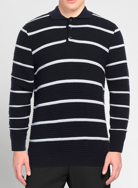 著名经典一线 PAL ZILERI 春夏 藏蓝色 提花条纹纯棉polo款针织衫