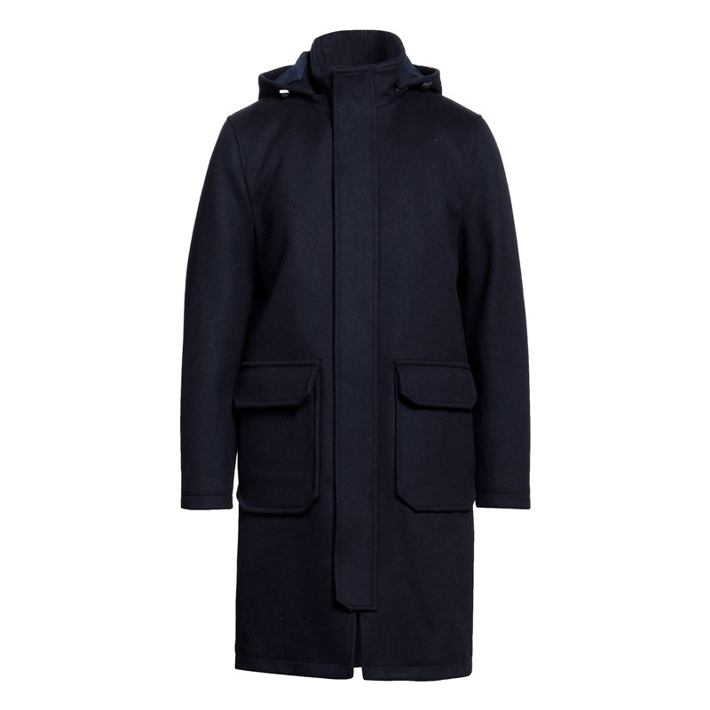 调货 意-粒原产 米兰 秋冬 藏青色羊毛厚毛呢 连帽长款大衣 E男