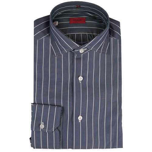 公价6200 那不勒斯顶吉 ISAIA 四季 灰蓝色条纹 海岛棉 长袖衬衫