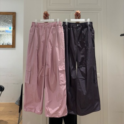 现 25秋季新款韩国东大门weare细格纹裤脚可收口松紧腰阔腿工装裤