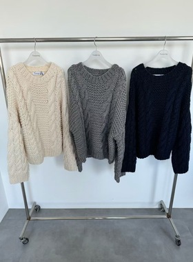 现 25冬新款韩国东大门tempting慵懒风宽松麻花粗线圆领套头毛衣