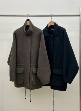 现折 25秋冬款韩国东大门utre时尚立领中长款插肩袖抽绳大衣外套