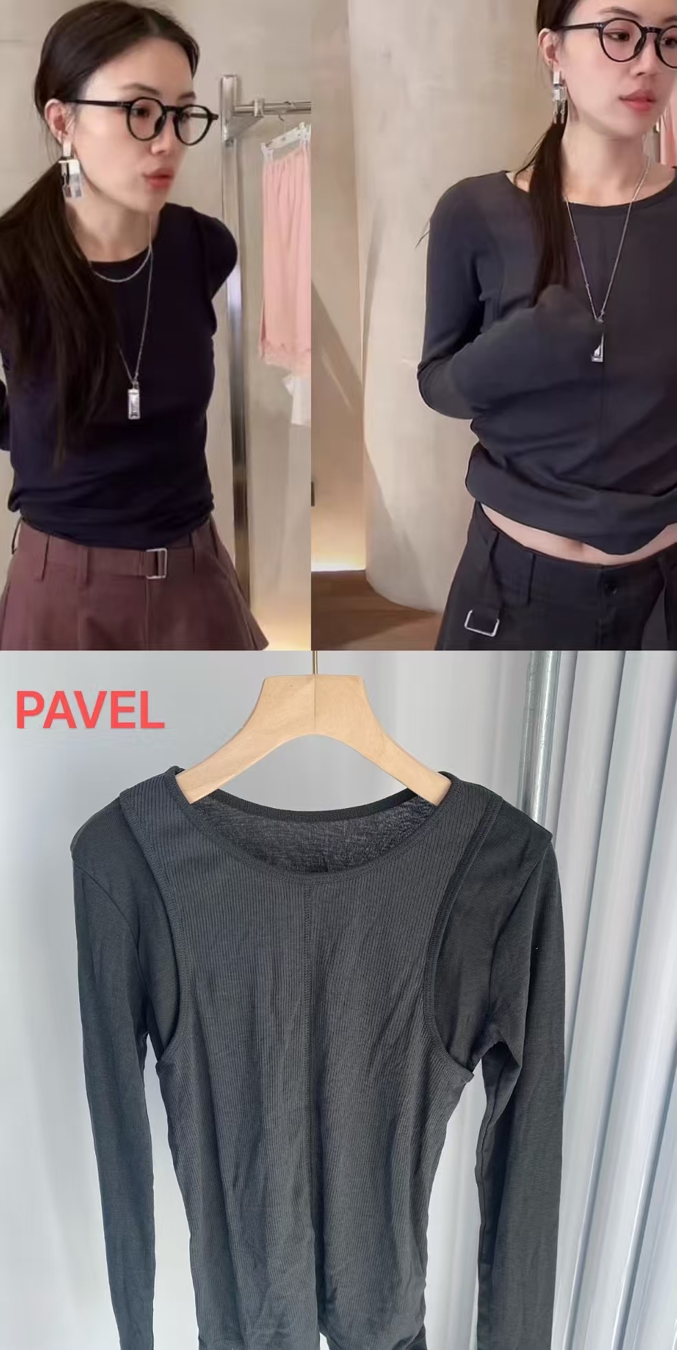 现 25秋冬新款韩国东大门PAVEL向日葵欧尼同款圆领假两件长袖T恤