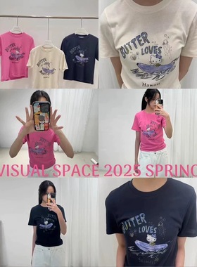 现 25夏季新款韩国东大门VISUAL SPACE女休闲字母猫咪印花短袖T恤