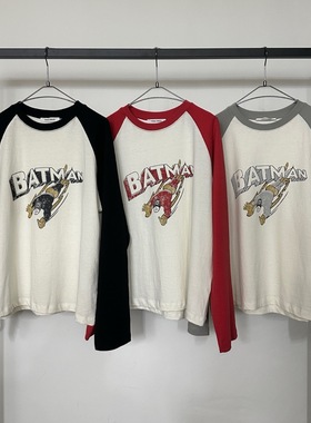 现 25秋新款韩国东大门VISUAL SPACE插肩拼接色卡通超人长袖T恤