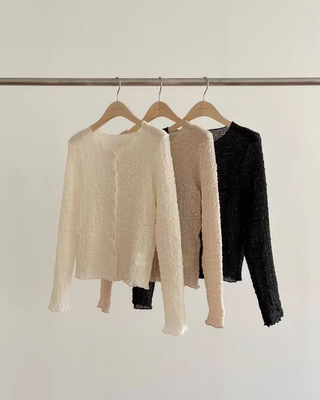 现 26春季新款韩国东大门OUNCE褶皱纹理感减龄木耳边长袖开衫女