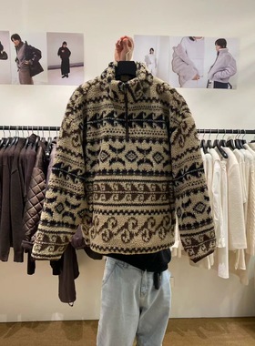 现 25冬季新款韩国东大门FEBRUARY摇粒绒半拉链花纹套头保暖卫衣