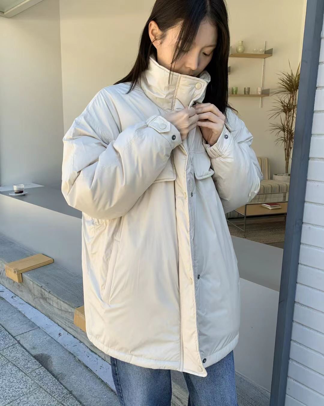 现 25秋冬新款韩国东大门MOHHE休闲百搭立领拉链口袋抽绳棉服外套