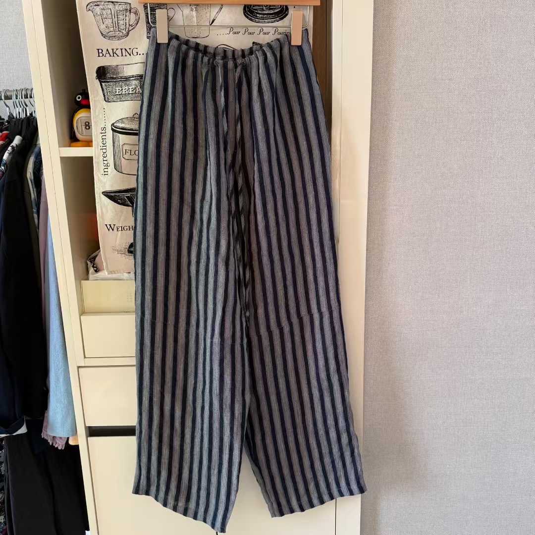 现 25秋季新款韩国东大门dohwaji抽绳松紧腰麻竖条纹休闲裤女