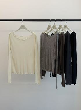 现 25秋季新款韩国东大门jinsim休闲百搭木耳边一字领长袖打底T恤
