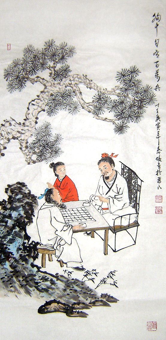 【画艺佳.字画书画】c13781李春暖手绘人物国画收藏品.下棋(三尺)