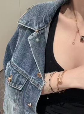 细窄款弹力时尚玫瑰金手镯女粗版头尾钻中性轻奢高级感情侣手环