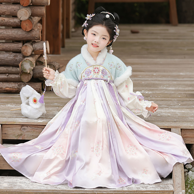 【紫芙】汉服女童秋冬加绒加厚裙子新款古装连衣裙中国风过年拜年