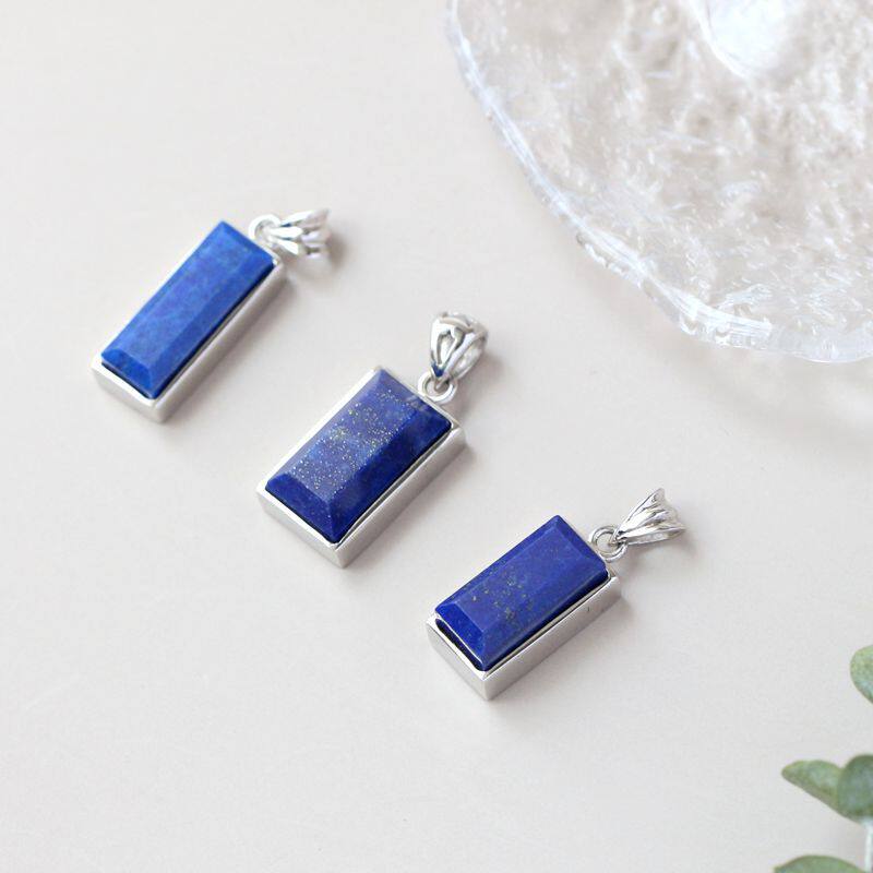 银宸首饰 镶天然青金石925纯银吊坠 简约时尚长方形帝王青银项坠