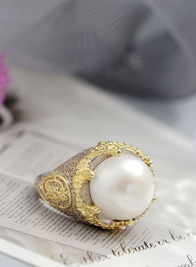 镶天然淡水珍珠银指环复古奢华