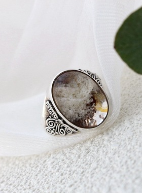 银宸首饰 镶天然绿幽灵手工银戒指 宫廷复古女士孤品925纯银戒子