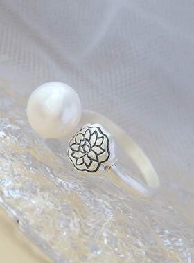 银宸首饰 镶天然淡水珍珠99足银戒指民族古典莲花开口990纯银戒子