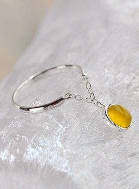 银宸首饰 镶天然黄玉髓925纯银戒指 简约时尚女士手工银细戒子