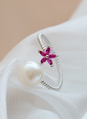 银宸首饰 手工镶天然淡水珍珠开口银戒指时尚简约女士925纯银戒子