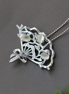 银宸首饰 镶天然月光石银吊坠 民族风复古扇形女士925纯银项坠