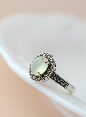 银宸首饰 复古925纯银戒指 手工镶天然葡萄石银女戒 开口泰银指环