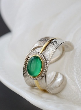 镶天然绿玉髓925银戒子开口宽