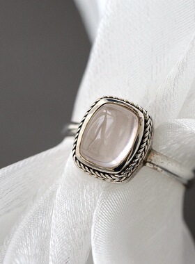 镶天然粉晶石手工银戒指复古做