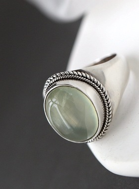 手工镶天然葡萄石复古银戒指民