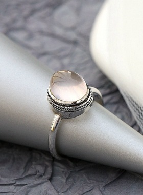 银宸首饰 镶天然芙蓉石粉水晶925纯银戒指 文艺复古女手工银戒子