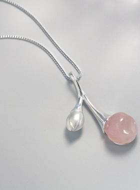 镶天然粉水晶长花瓣银吊坠简约