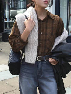 现overtake韩国东大门代购2024春新款美拉德复古格子休闲长袖衬衫