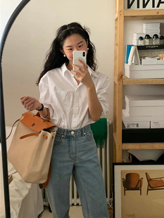 韩国barnnet秋款落肩宽松百搭经典白色衬衫女上衣小个子前短后长