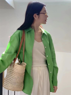 韩国东大门代购rumiru绿色衬衣女防晒衫宽松BF慵懒风长袖亚麻衬衫