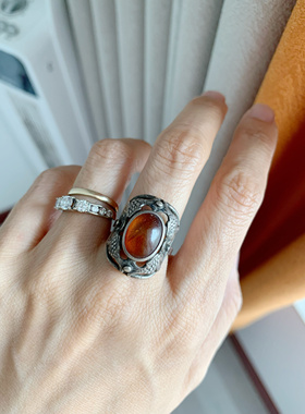 国内现货德国捕鱼岛纯银老琥珀戒指