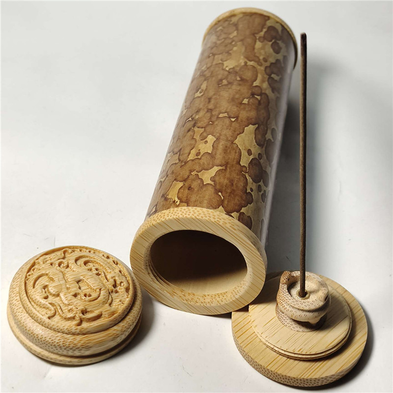 天然玉竹湘妃梅鹿老煤竹手工雕刻文把玩便携香桶香插茶叶罐收纳盒