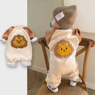 婴儿加绒连体衣秋冬宝宝衣服套装 可爱超萌保暖爬服新生儿外出抱服