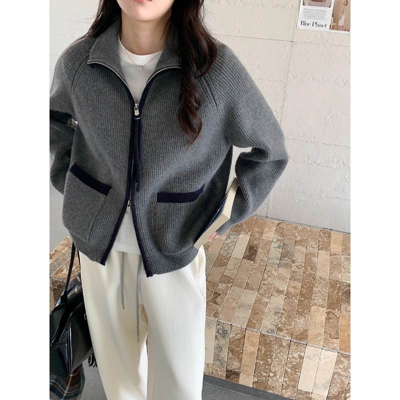 韩版高级2025 智性主义 翻领双拉链设计感撞色针织开衫毛衣2025年