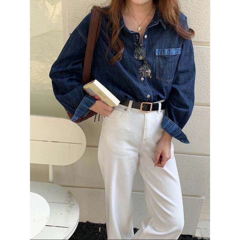 韩版高级2025 早春 时髦点睛撞色明线牛仔衬衫外套纯色长袖2026年,女装/女士精品,衬衫,淘宝优惠券,粉丝福利购,淘宝优惠卷